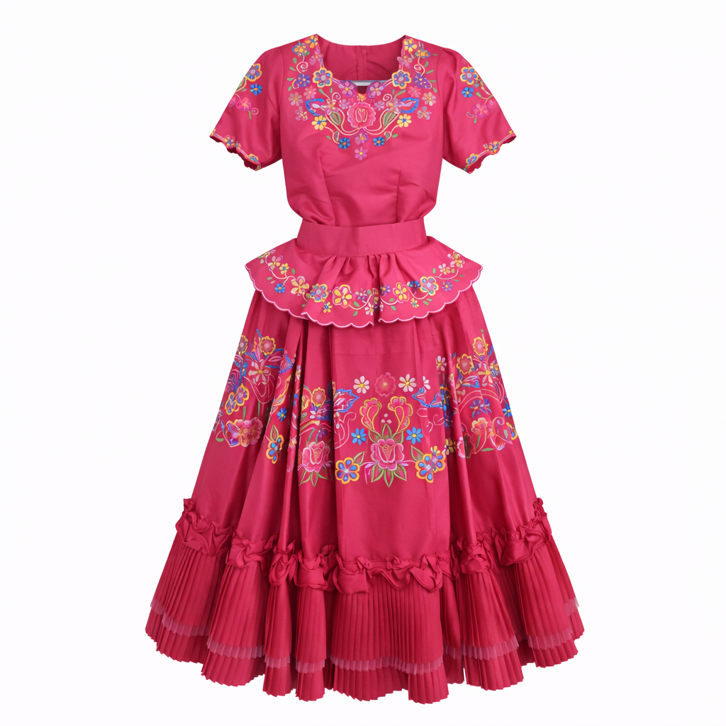 Marinera Nortena Fucshia/Pink dress with colorful floral embroidery