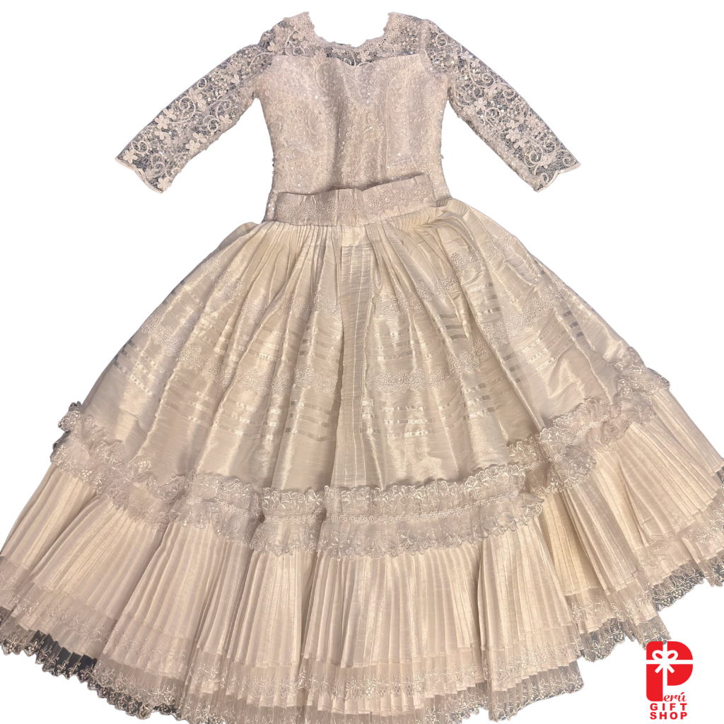 2 Piece - Marinera Norteña Heritage Dress – White European Lace, Brocade and Embellishments