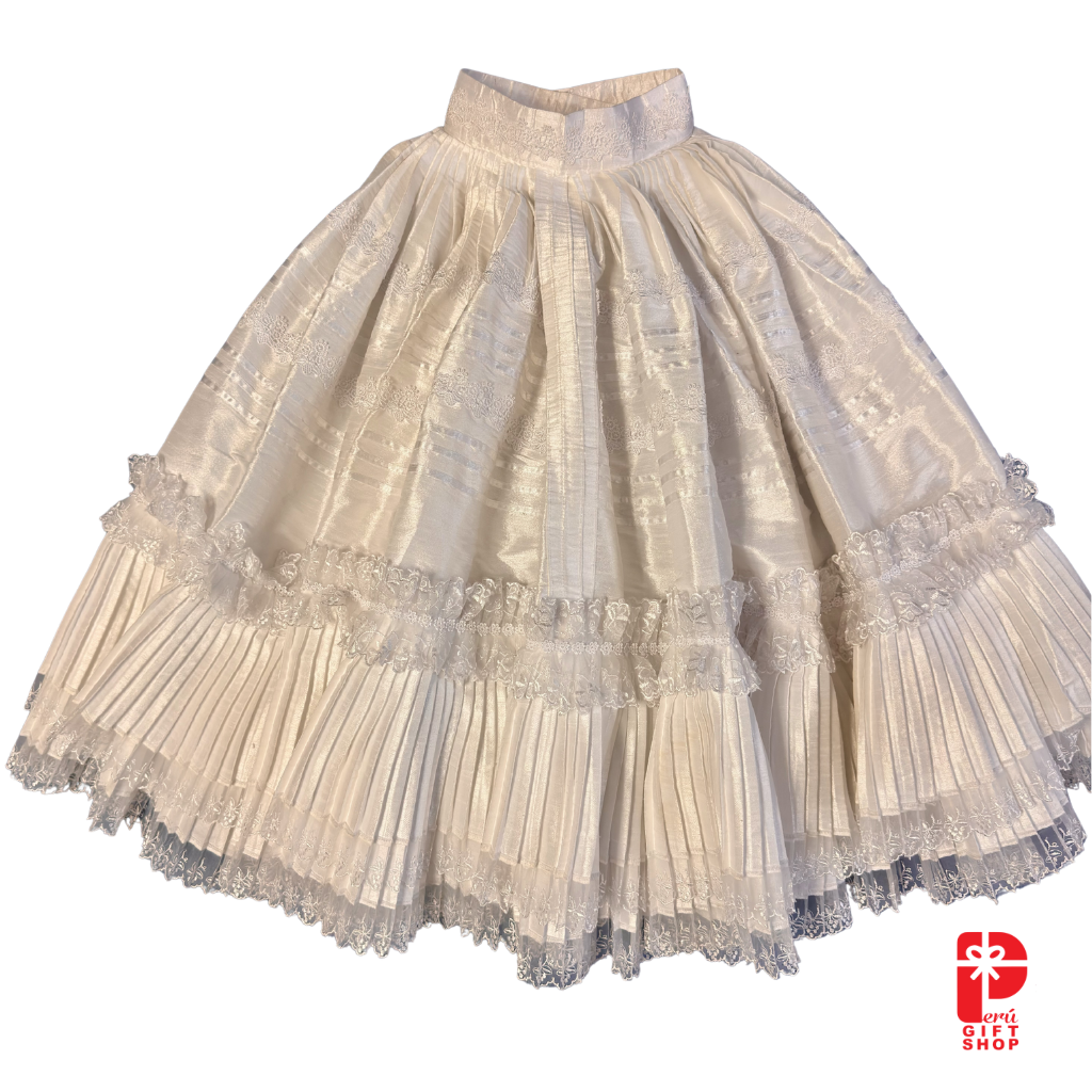 2 Piece - Marinera Norteña Heritage Dress – White European Lace, Brocade and Embellishments
