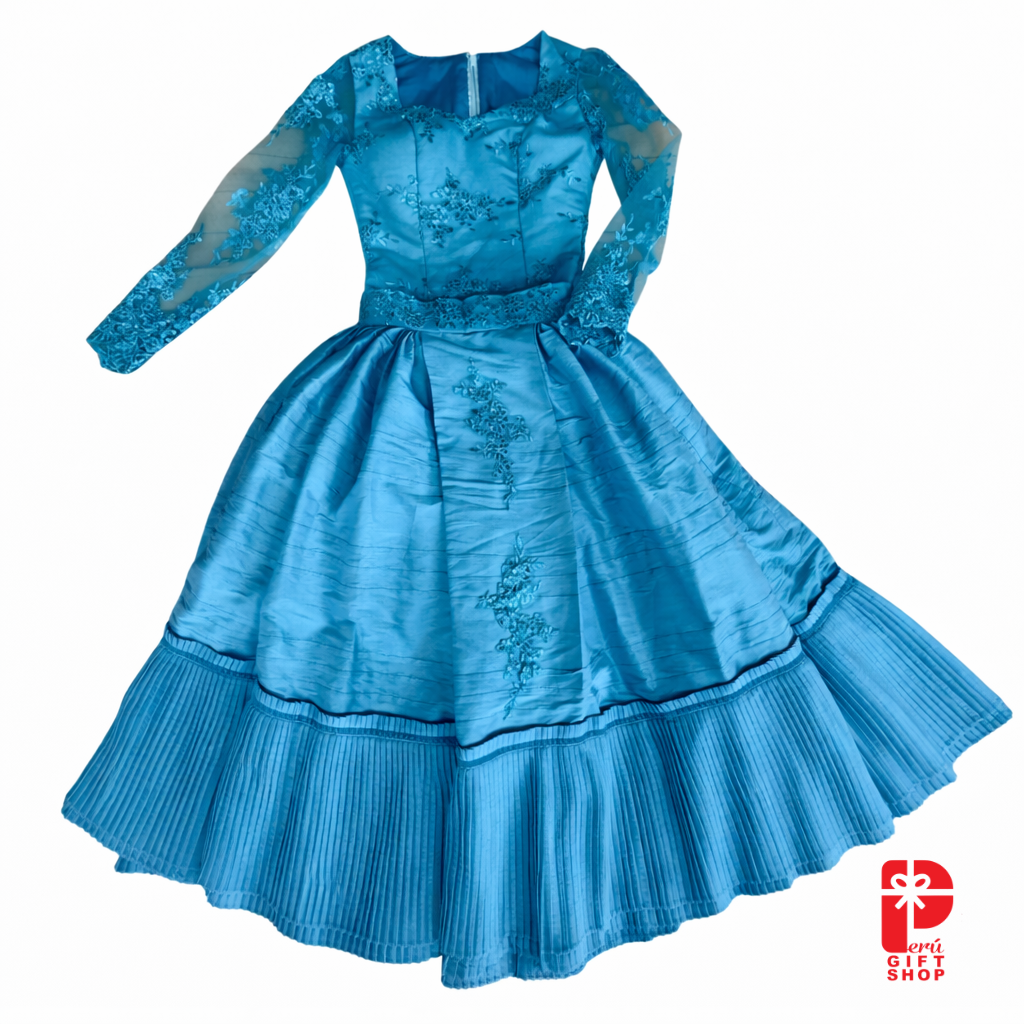 4 Piece - Marinera Norteña Heritage Dress – Turquoise Embroidered Lace Elegance Edition