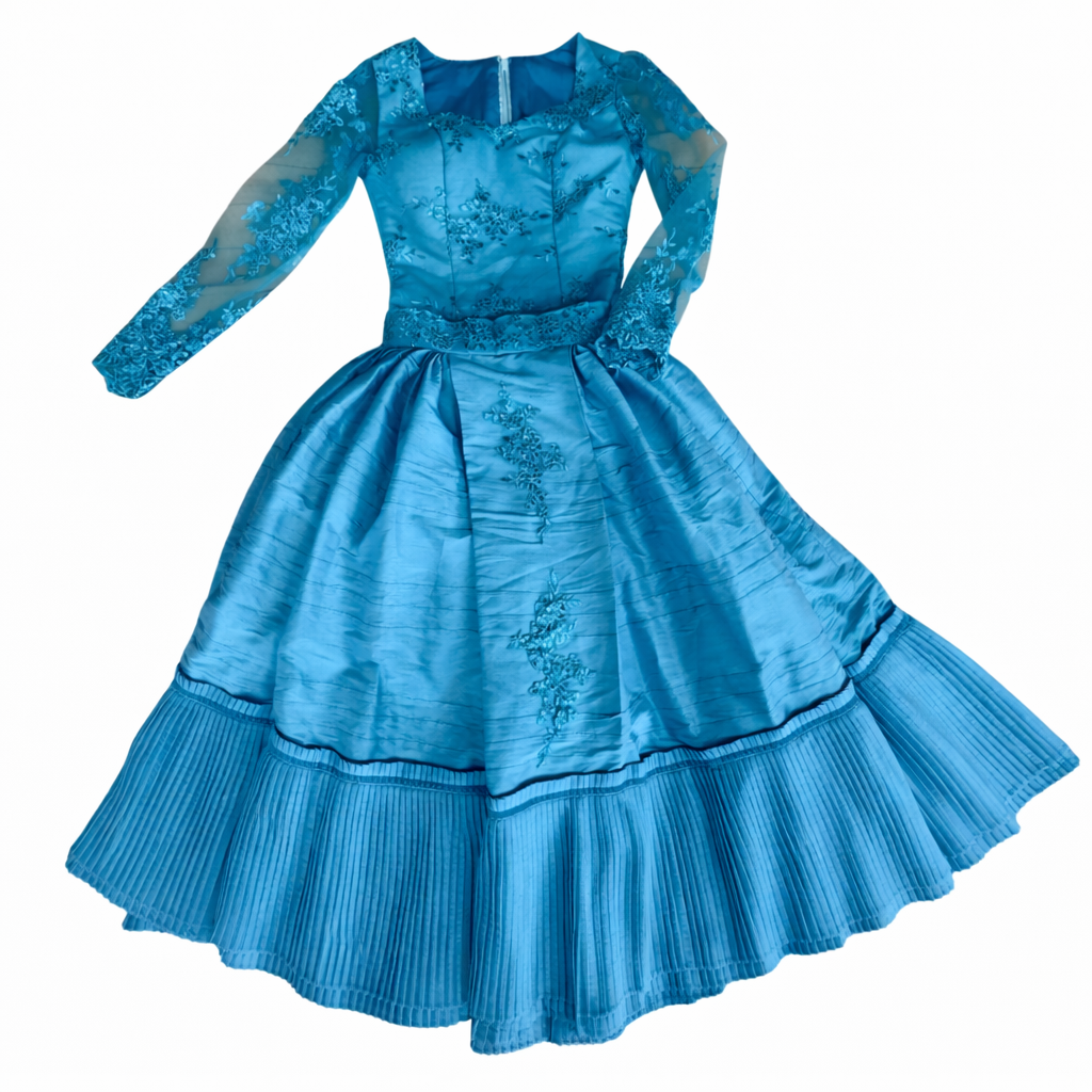 4 Piece - Marinera Norteña Heritage Dress – Turquoise Embroidered Lace Elegance Edition