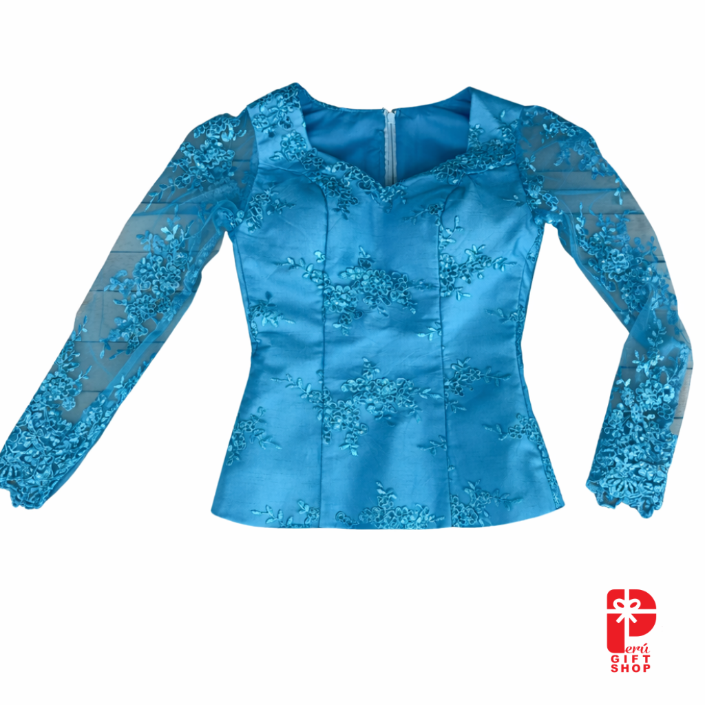 4 Piece - Marinera Norteña Heritage Dress – Turquoise Embroidered Lace Elegance Edition