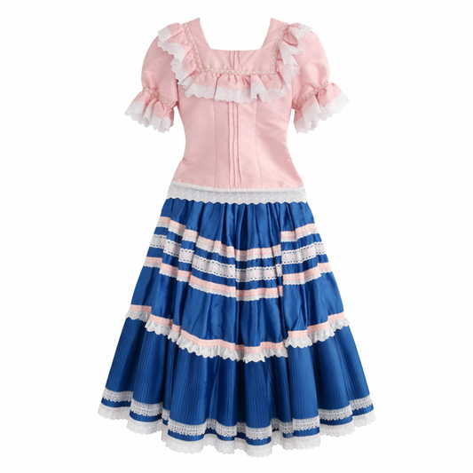 Marinera Nortena Dress - Pastel Pink and Blue Colonial Spanish Coastal Elegance.