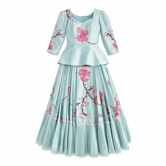 Aqua floral Marinera Norteña heritage dress with hand embroidered pink flowers and pleated skirt