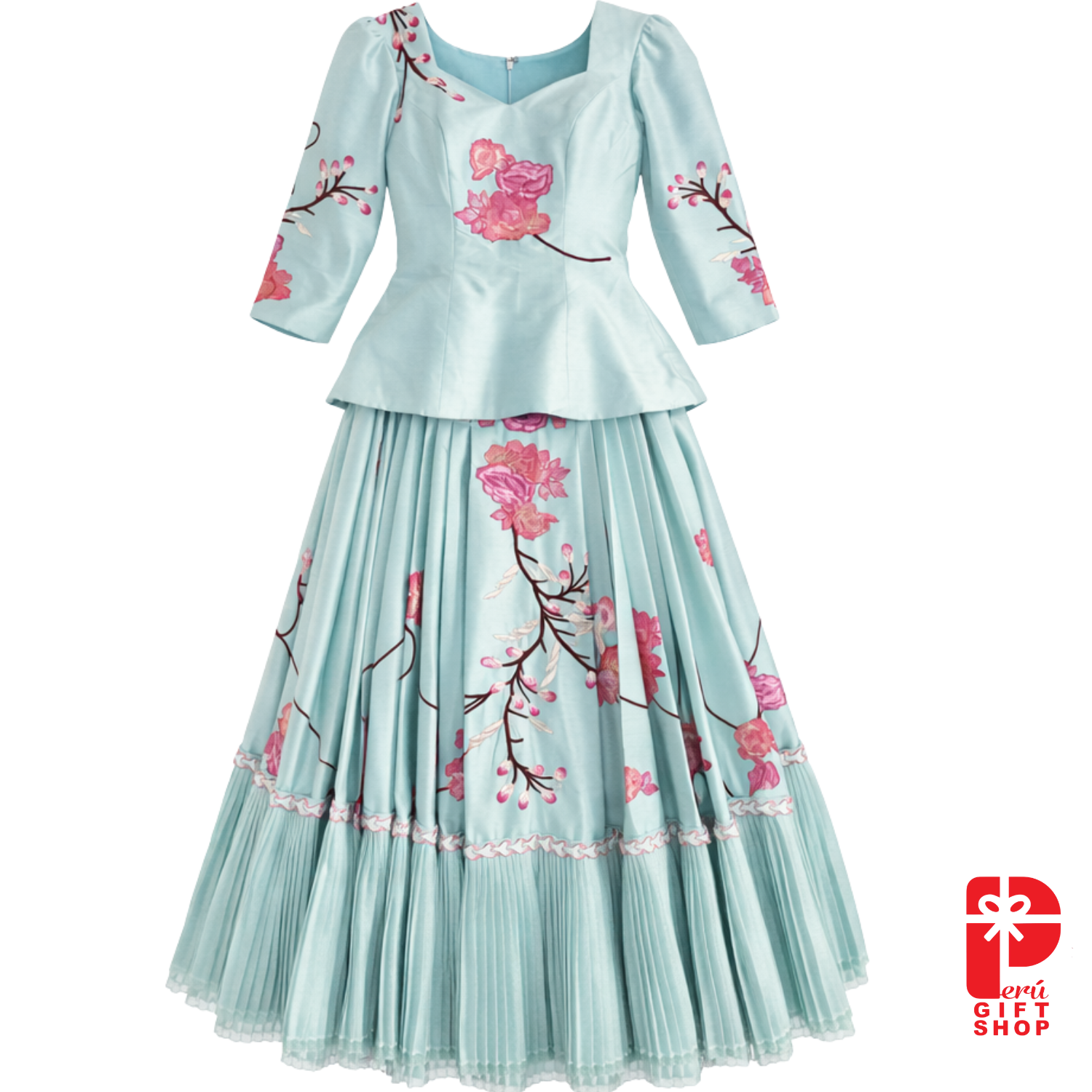Aqua floral Marinera Norteña heritage dress with hand embroidered pink flowers and pleated skirt