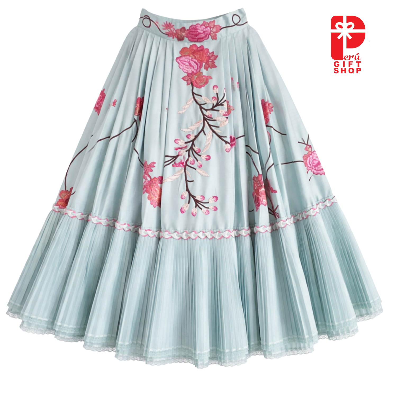 Aqua floral Marinera Norteña heritage dress with hand embroidered pink flowers and pleated skirt