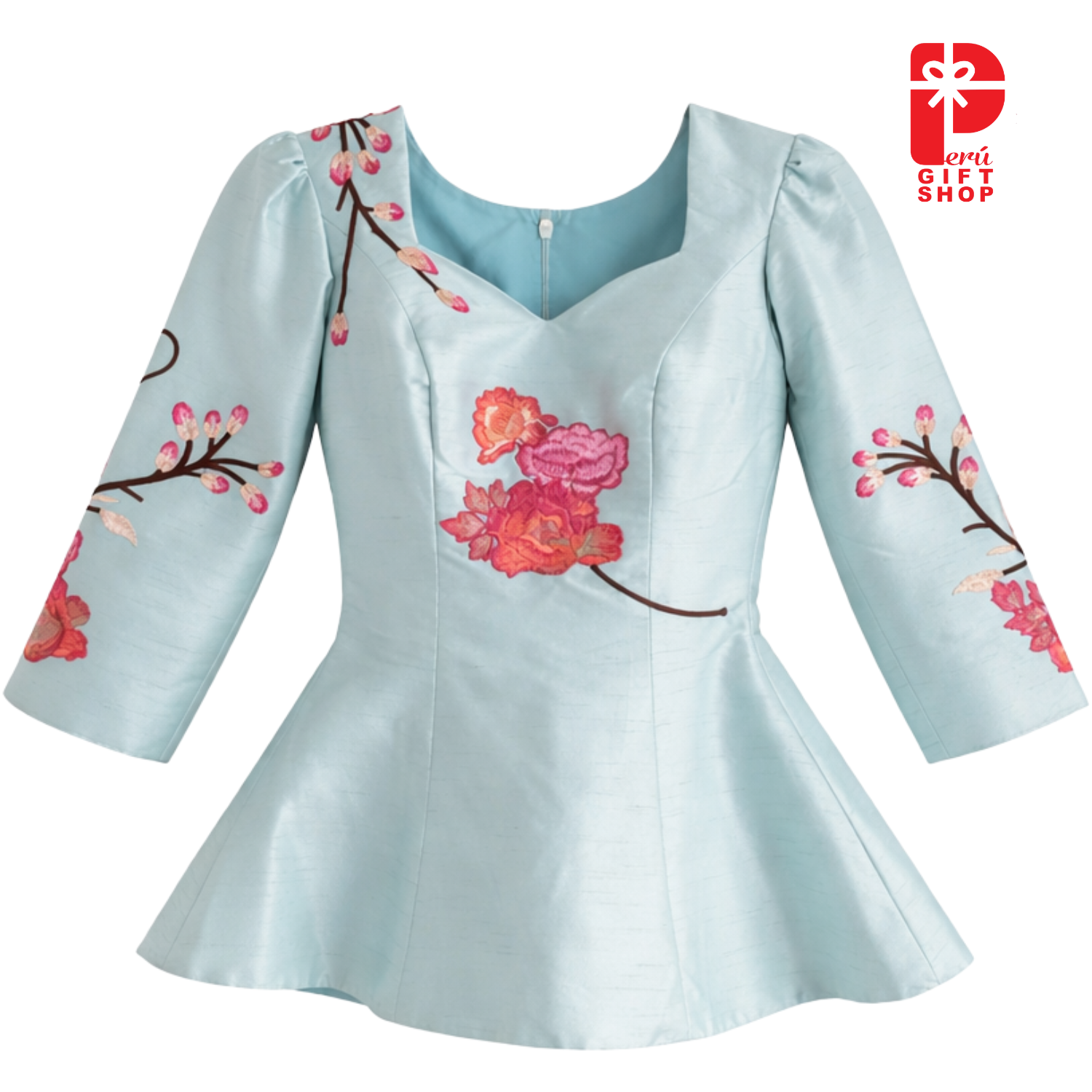 Aqua floral Marinera Norteña heritage dress with hand embroidered pink flowers and pleated skirt
