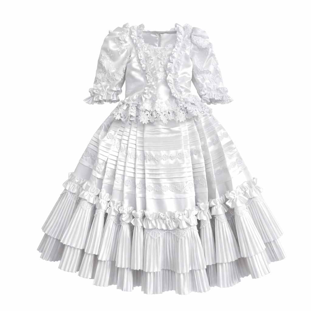 White Marinera Norteña heritage dress with colonial Spanish influence and lace floral details