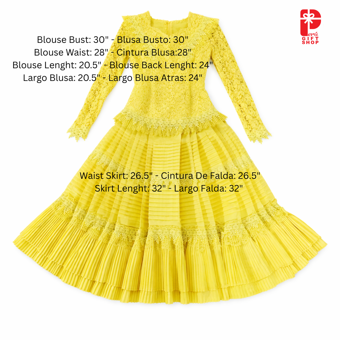 2 Piece Marinera Norteña Heritage Dress – Bright Golden Sun Brocade Edition