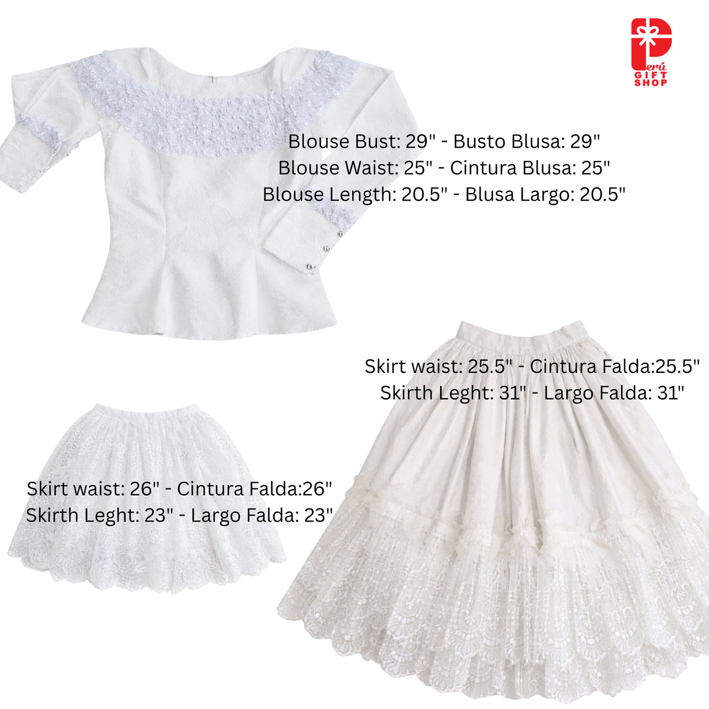 4 Piece Marinera Norteña Heritage Dress - White Bridal Imperial Lace Edition