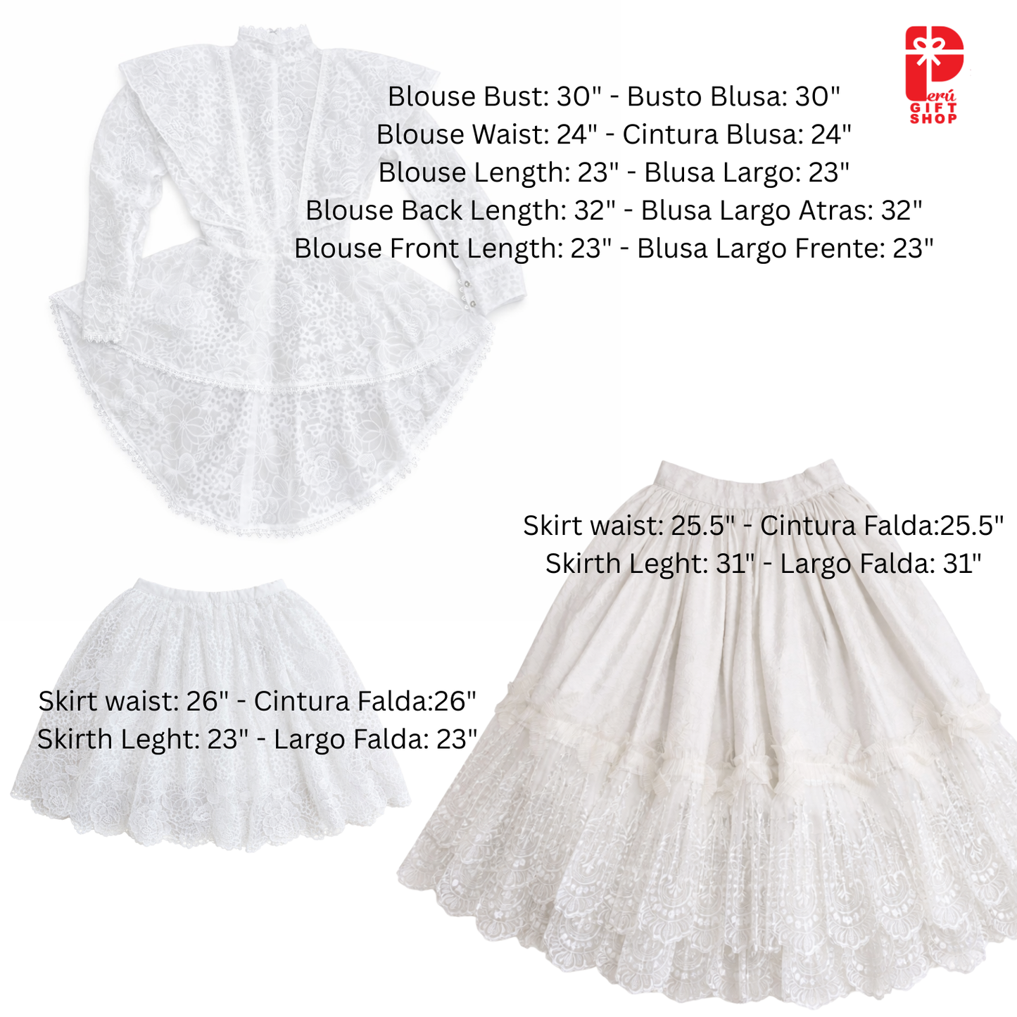 4 Piece Marinera Norteña Heritage Dress - White Bridal Imperial Lace Edition