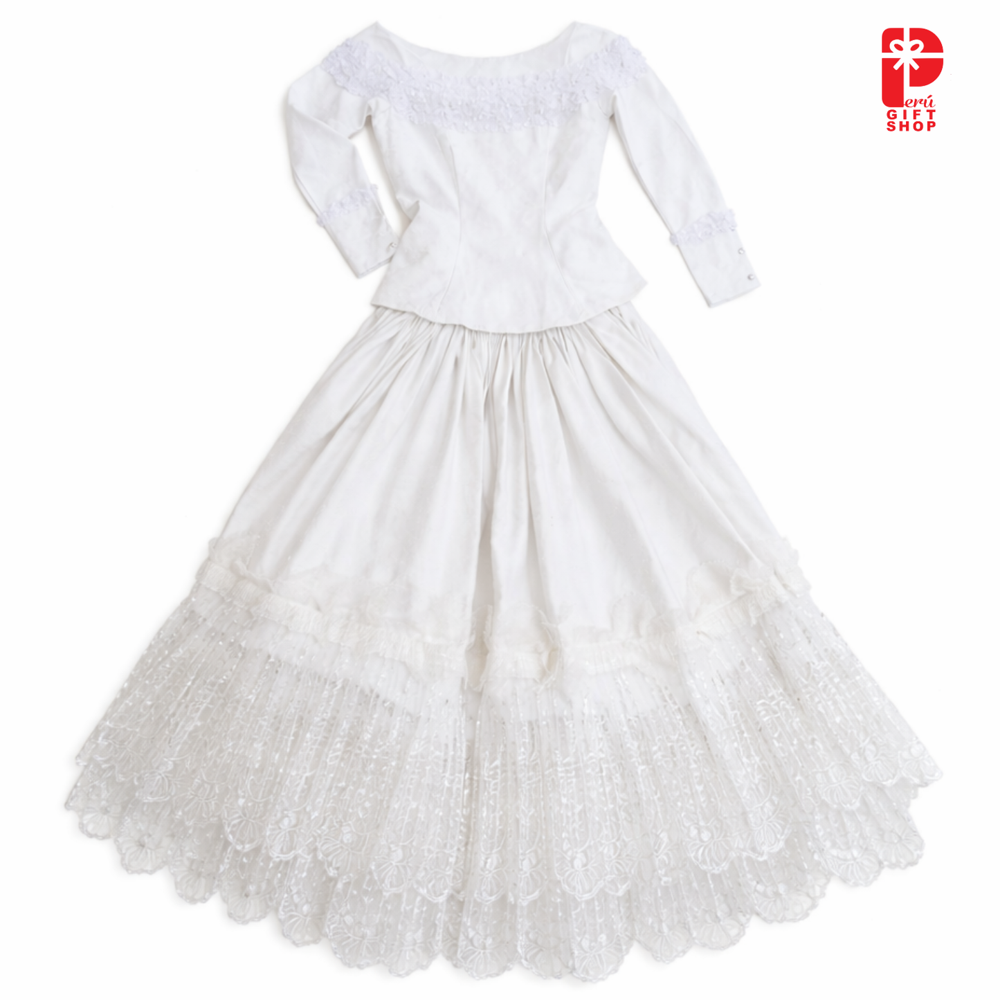 4 Piece Marinera Norteña Heritage Dress - White Bridal Imperial Lace Edition