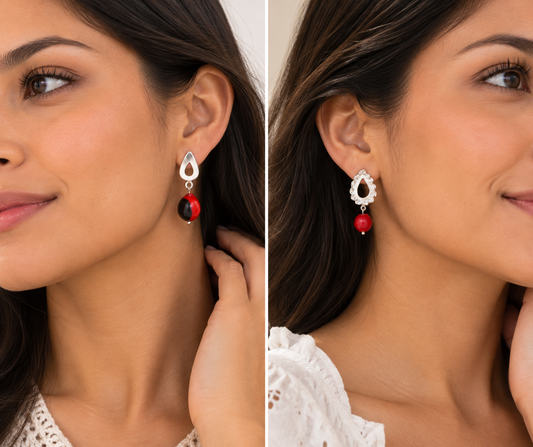 Pendientes colgantes de plata de ley con forma de lágrima, color rojo y negro 