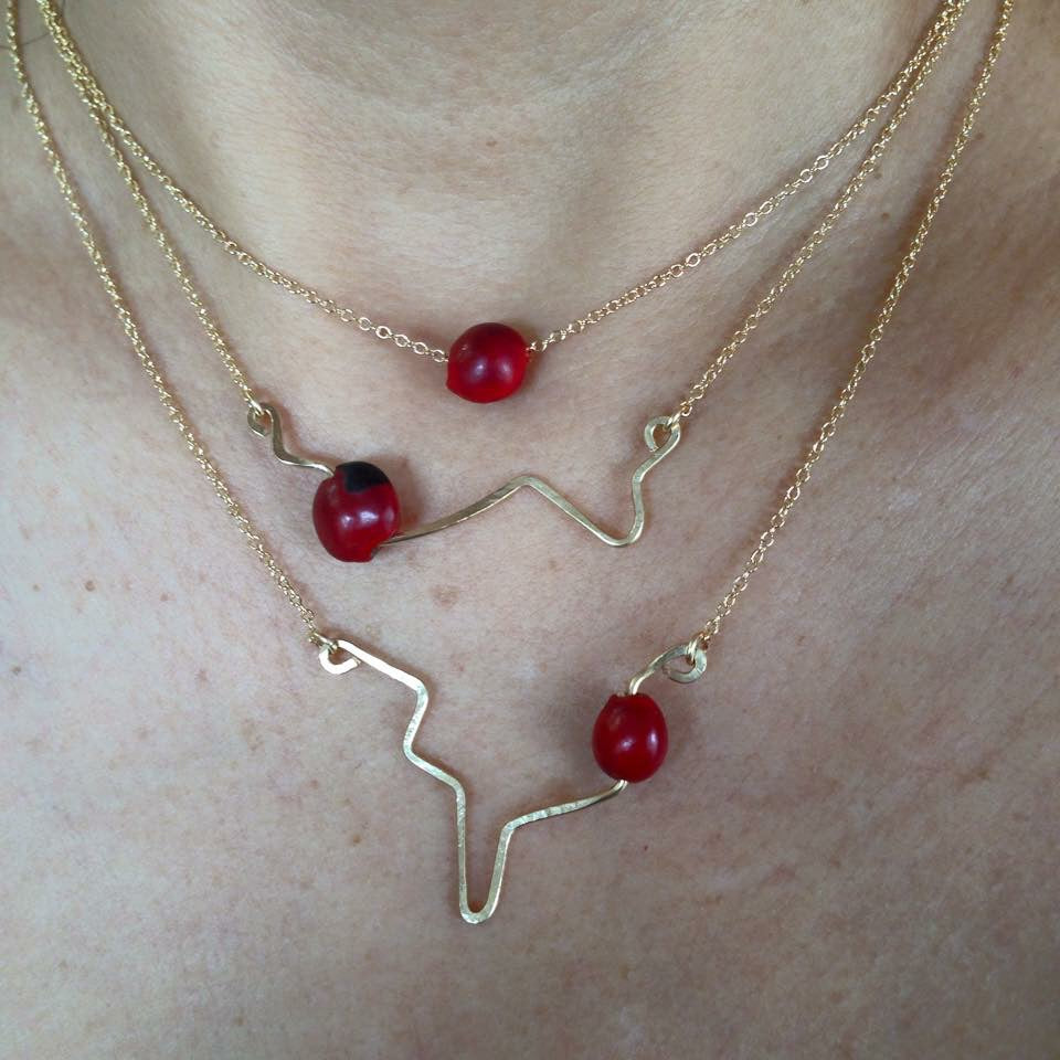 Sterling Silver / Gold Filled Heartbeat Necklace with Gold Huayruro Seed – Handmade Peruvian Good Luck Jewelry
