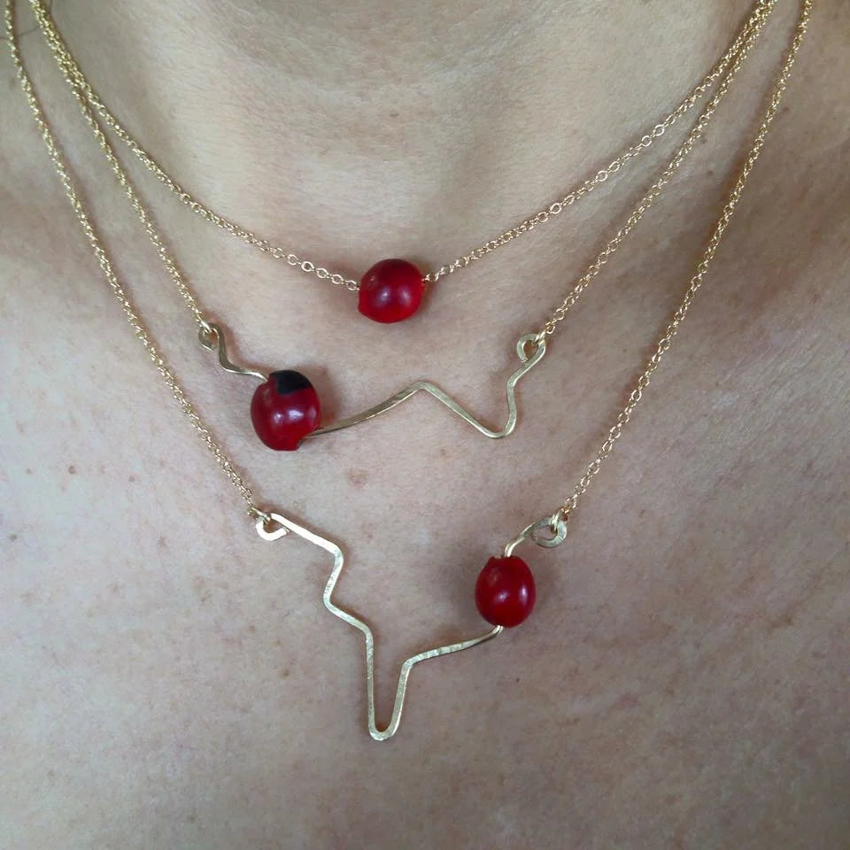 Sterling Silver / Gold Filled Heartbeat Necklace with Gold Huayruro Seed – Handmade Peruvian Good Luck Jewelry (Style 1)