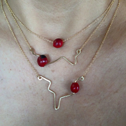 Sterling Silver / Gold Filled Heartbeat Necklace with Gold Huayruro Seed – Handmade Peruvian Good Luck Jewelry (Style 1)