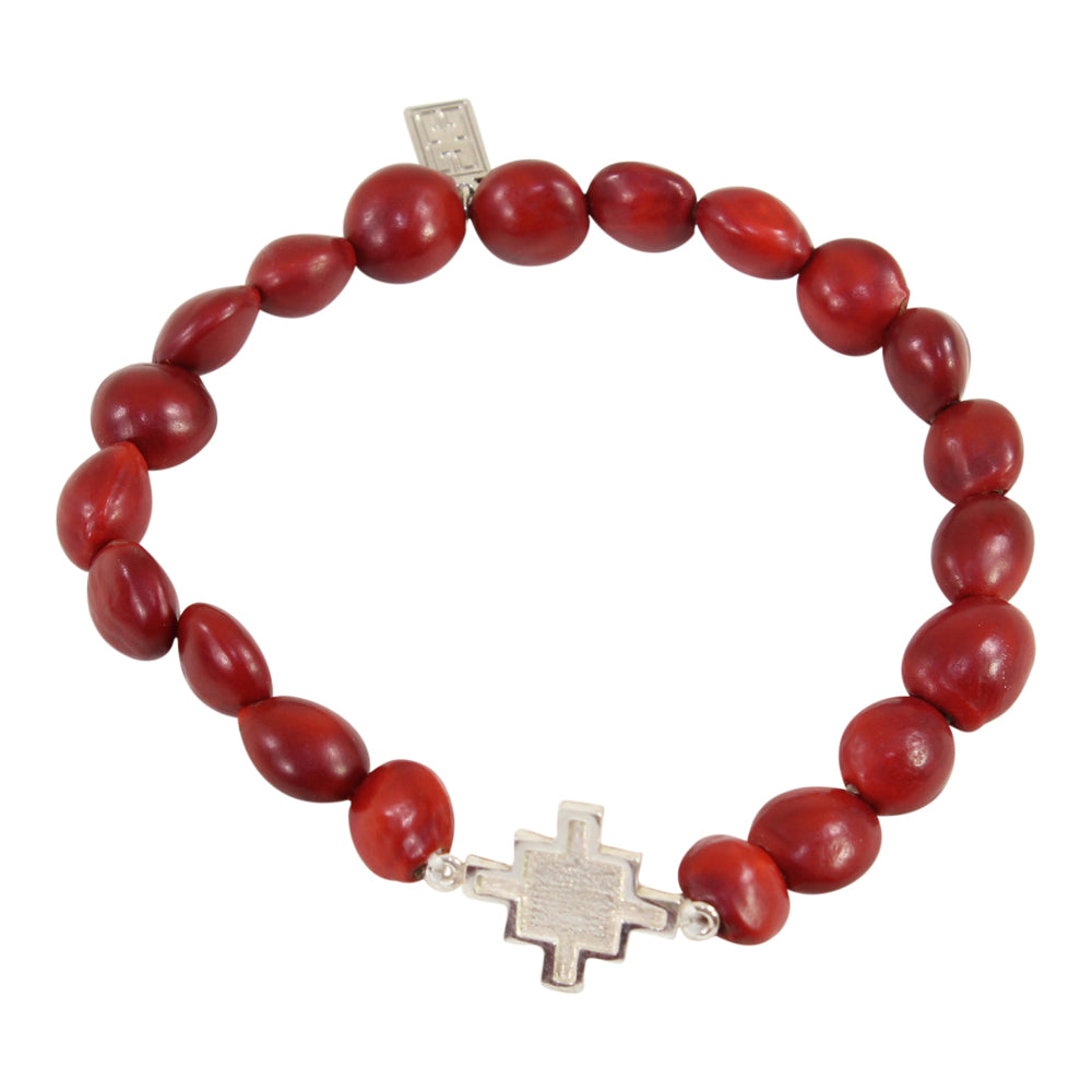 Sterling Silver Chakana Inka Cross Stretchy Bracelet w/Red & Black Seed Beads 6.5"-7.5"