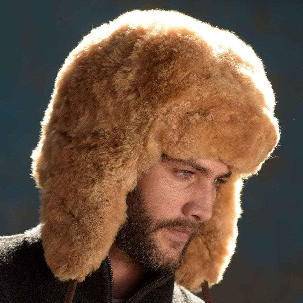 100% Baby Alpaca Aviator Hat – Luxury Fur Winter Trapper Hat with Pom-Poms