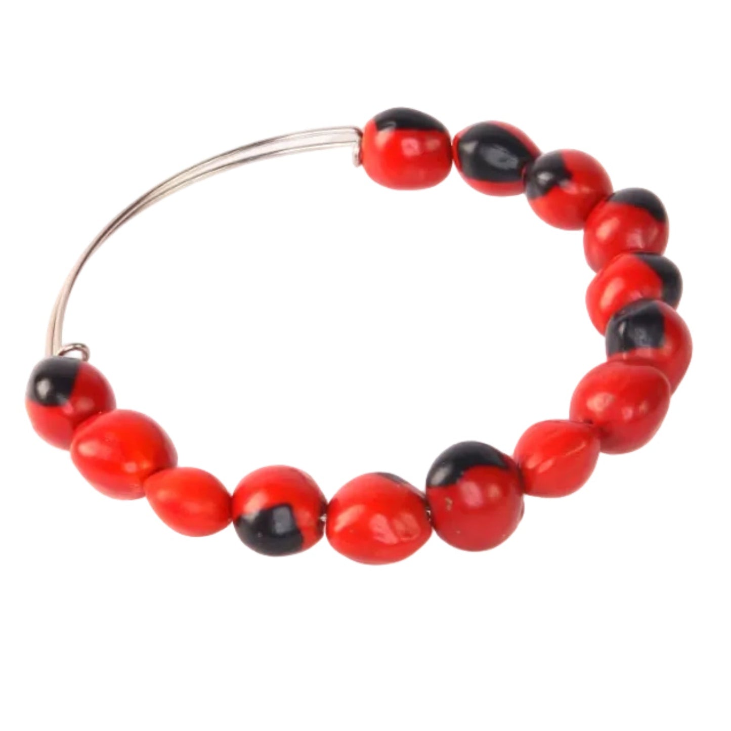Adjustable Gold Plated and Silver Plated Bangle Bracelet with Huayruro Peruvian Seed Bead - Good Luck Bracelet for Women
