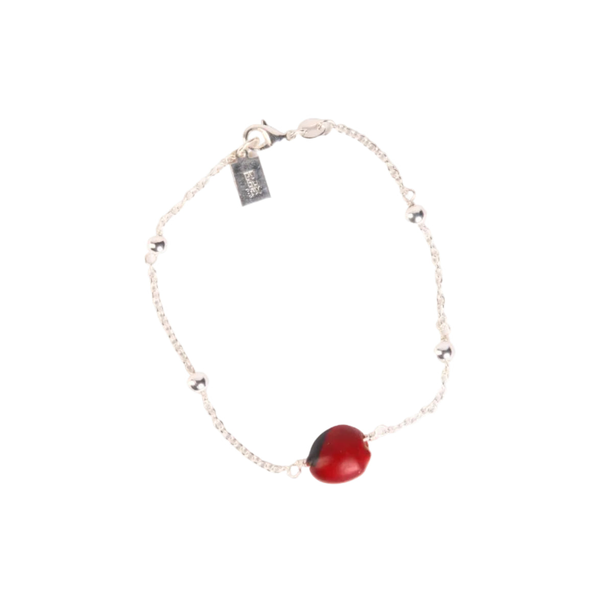 A delicate silver chain bracelet featuring a single glossy red bead and small silver spacer beads, displayed on a clean white background.