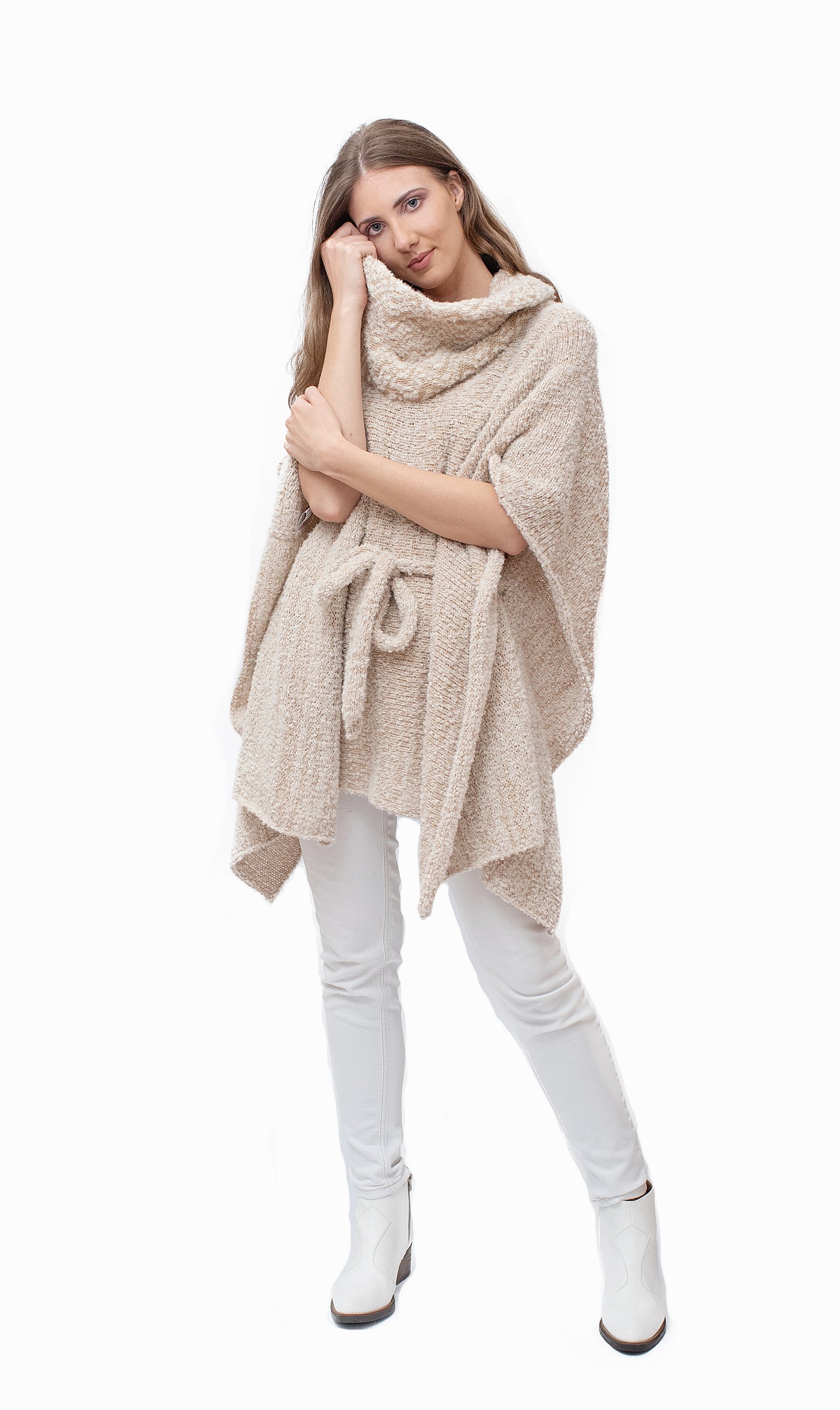 Baby Alpaca - Capa Poncho Cálida de Punto "Chantal" - Talla única (Beige Claro)