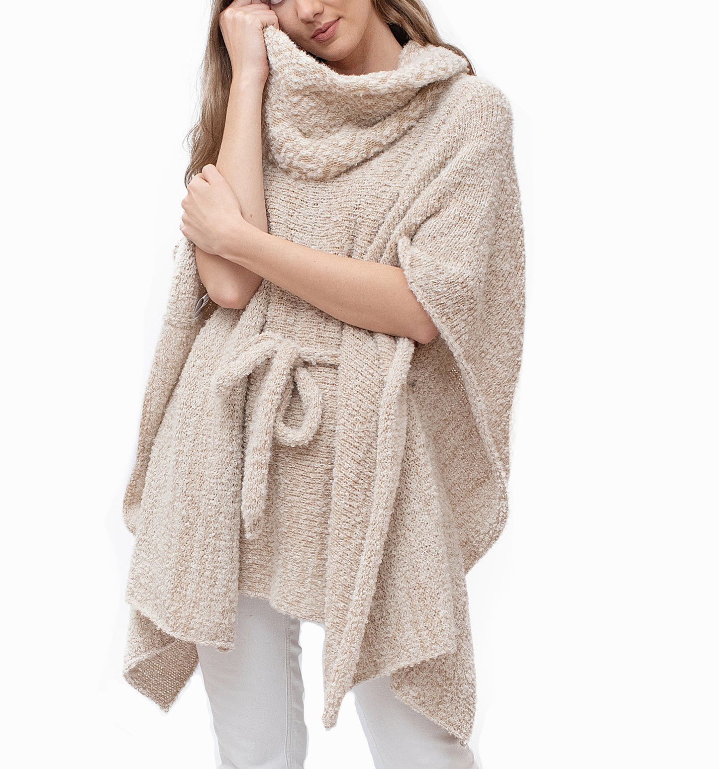 Baby Alpaca - Capa Poncho Cálida de Punto "Chantal" - Talla única (Beige Claro)