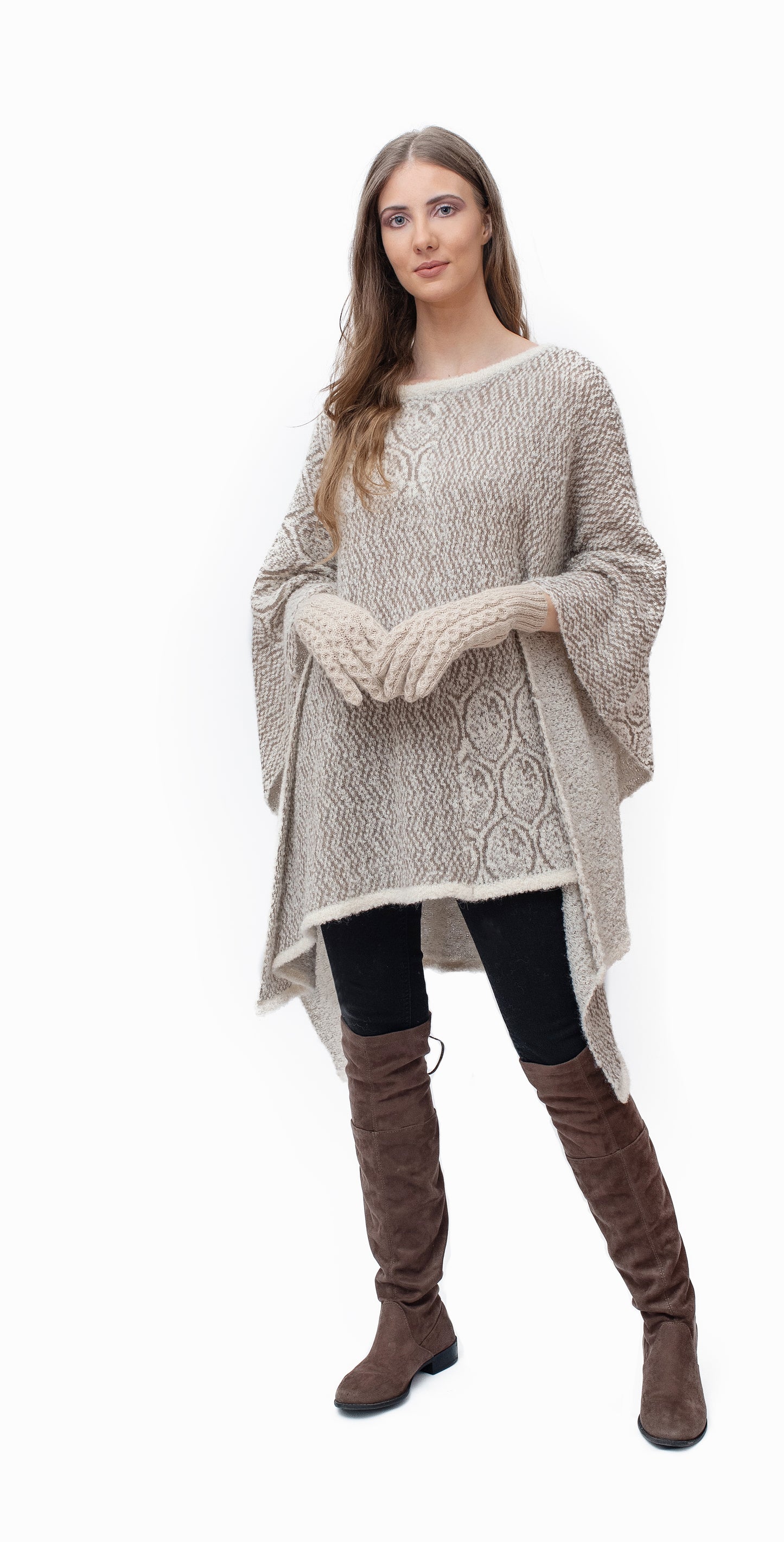 Baby Alpaca - Capa Poncho Cálida de Punto "Vari" - Talla única (Beige)