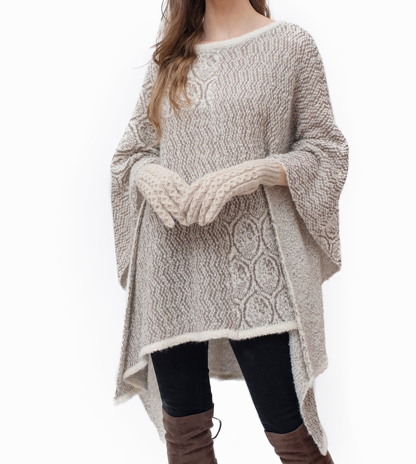 Baby Alpaca - Capa Poncho Cálida de Punto "Vari" - Talla única (Beige)