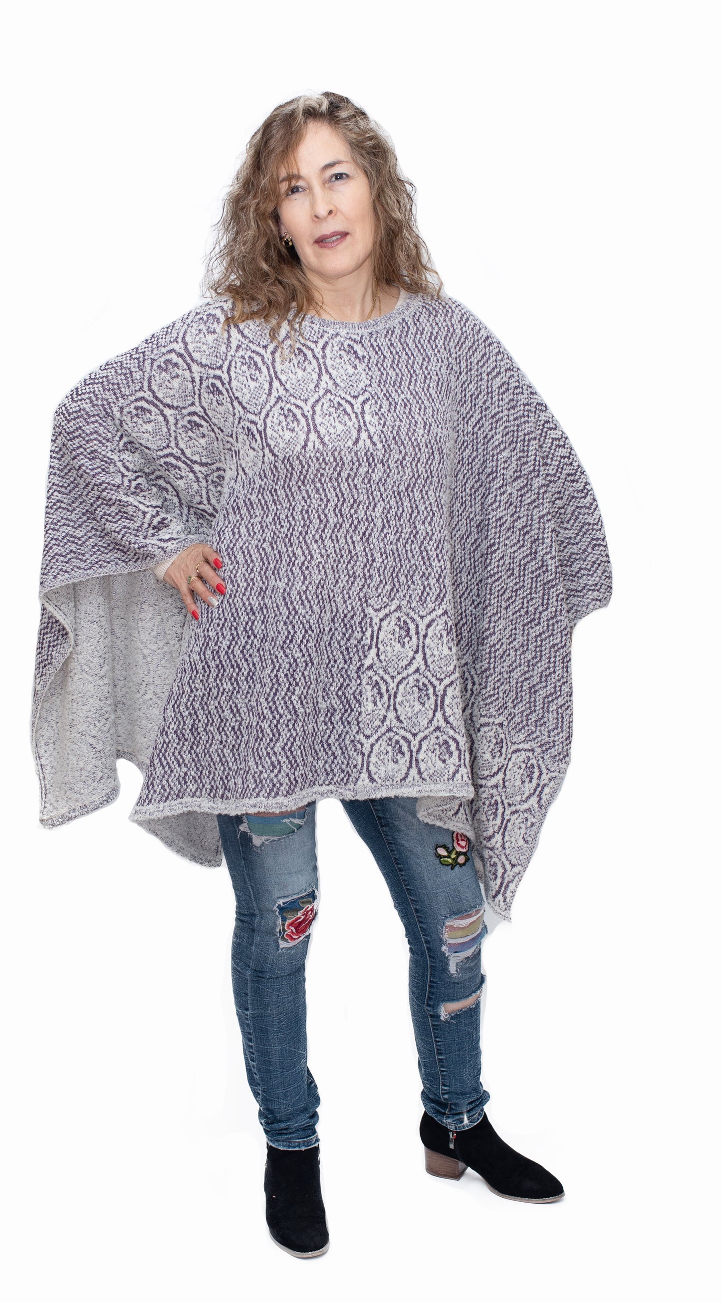 Baby Alpaca - Capa Poncho Cálida de Punto "Vari" - Talla única (Morado)