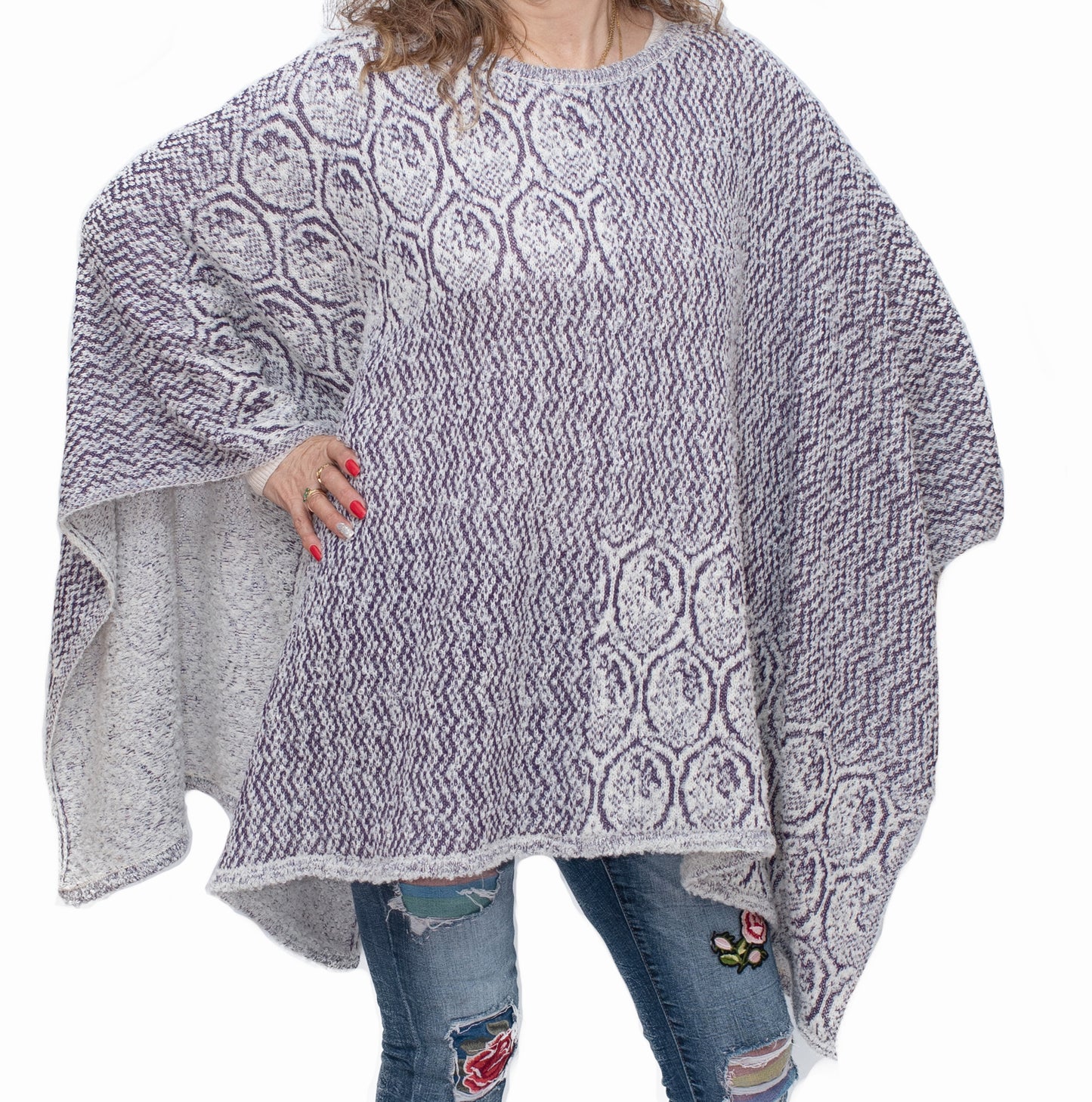 Baby Alpaca - Capa Poncho Cálida de Punto "Vari" - Talla única (Morado)