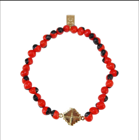 Sterling Silver Chakana Inka Cross Stretchy Bracelet w/Red & Black Seed Beads 6.5"-7.5"