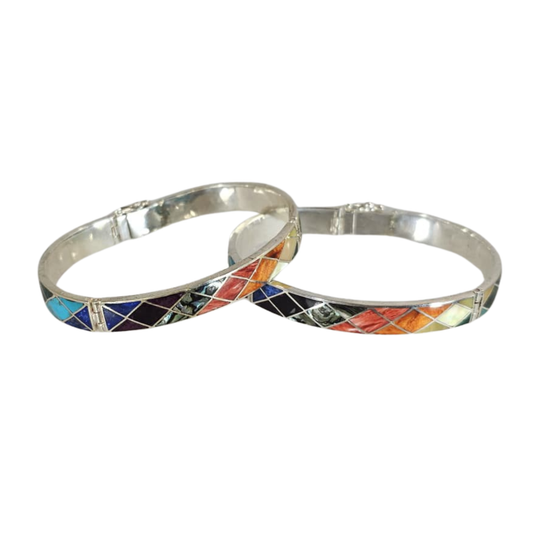 Sterling Silver Geometric Multicolored Natural Stone Cuff Bracelet 6.5" - 7.5"