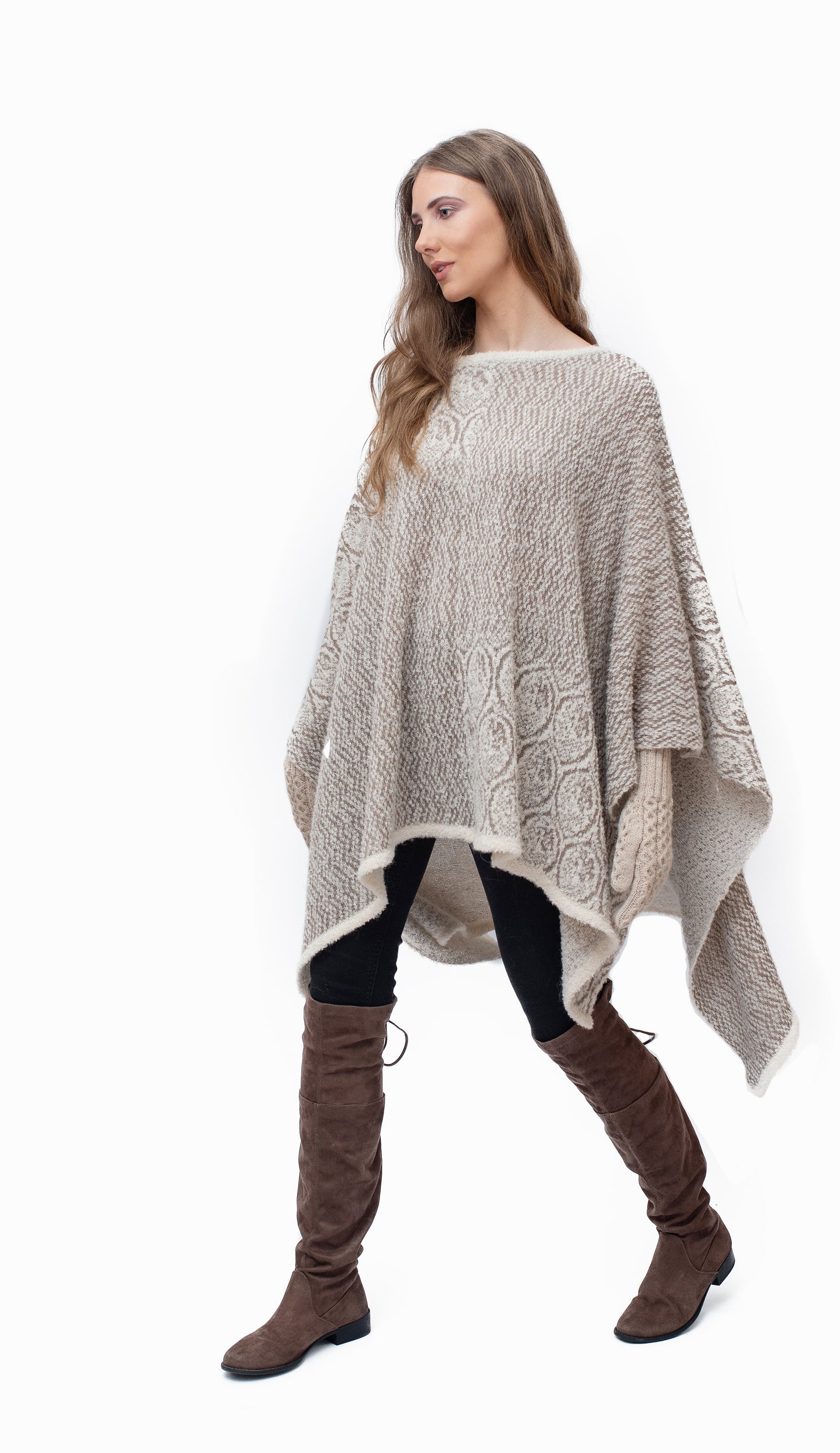 Baby Alpaca - Capa Poncho Cálida de Punto "Vari" - Talla única (Beige)