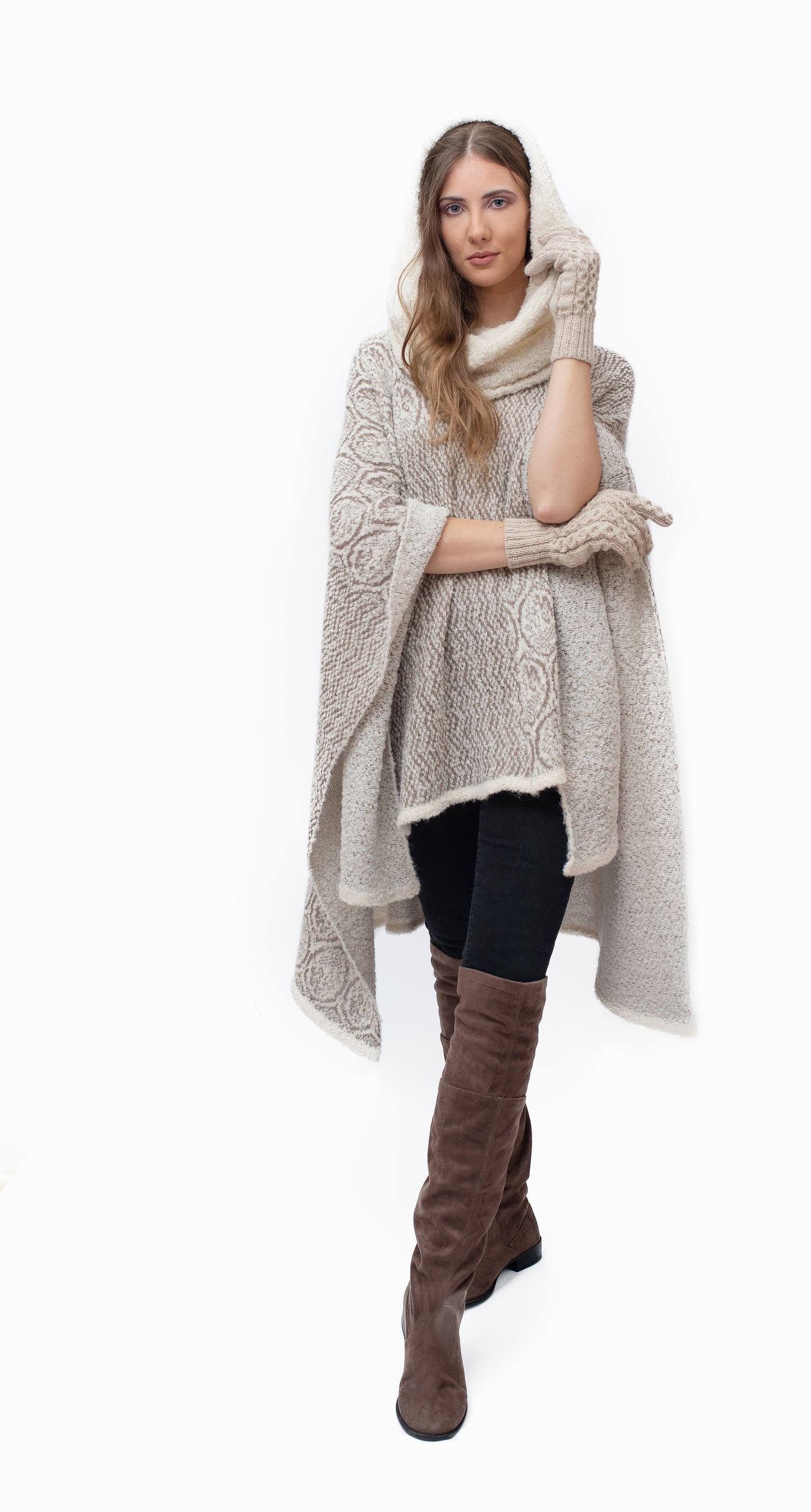 Baby Alpaca - Warm "Vari" Knit Poncho Cape  - One Size Fits All (Beige)