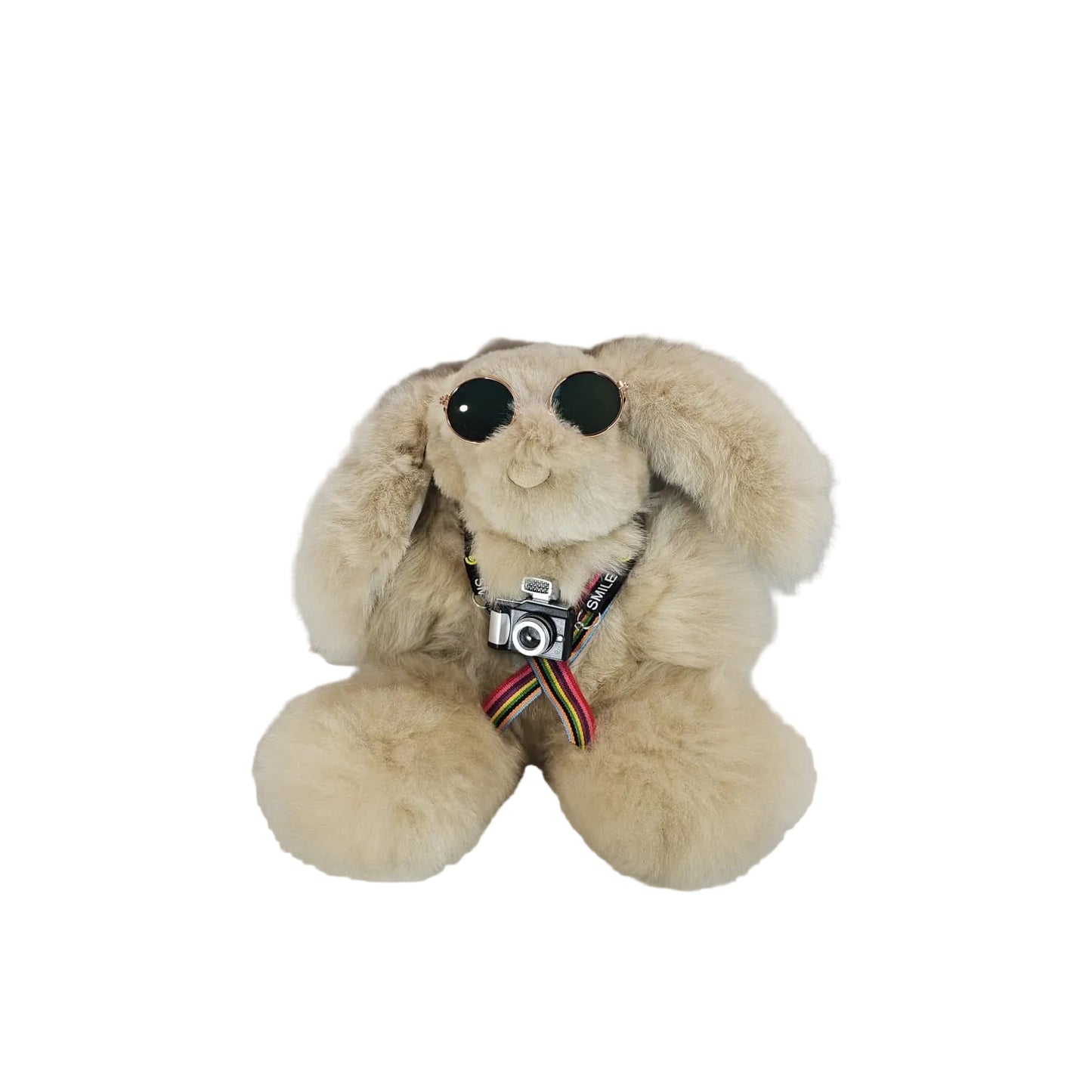 Beige stuffed dog toy with a camera on a white surface