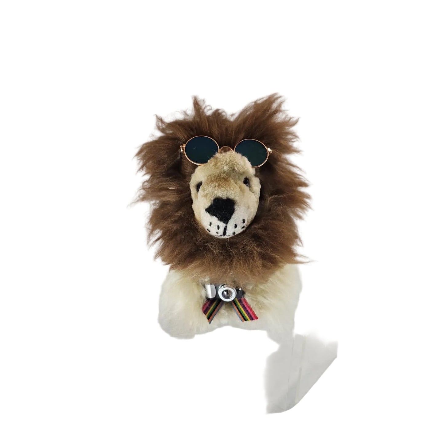 Stuffed lion toy with sunglasses and a colorful ribbon on a white background