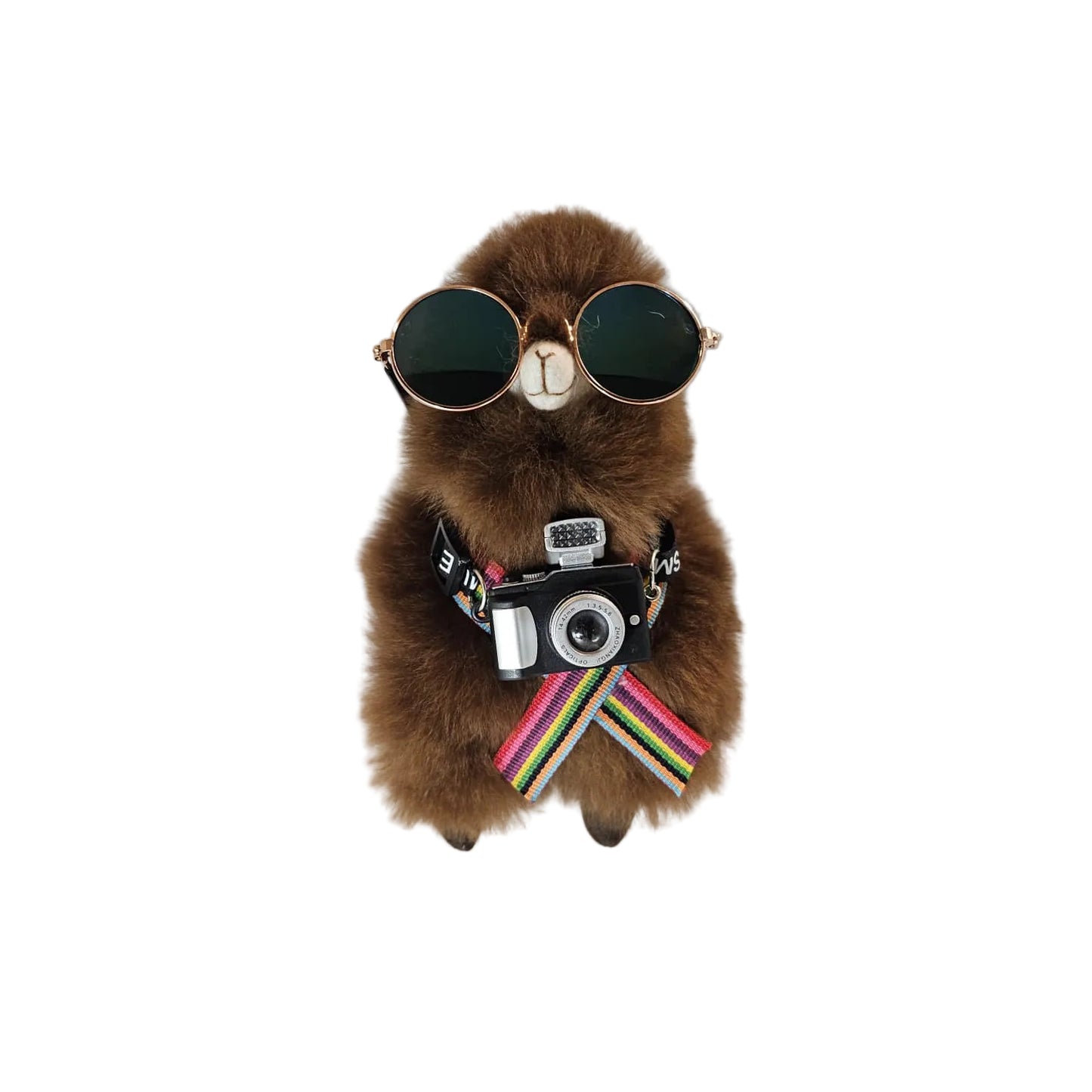 Stuffed toy alpaca wearing sunglasses and a camera with a colorful strap on a light background