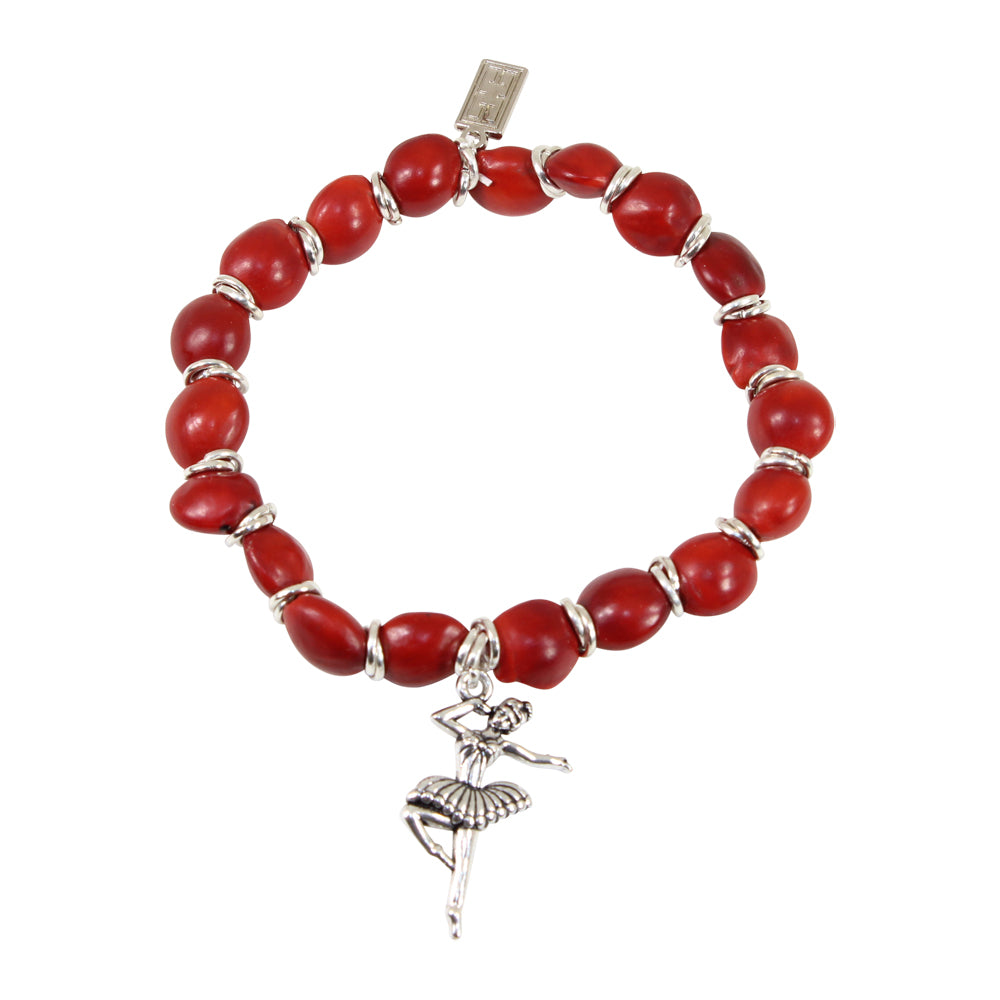 Stretchy Ballerina Dancer Good Luck Charm Bracelet with Huayruro Seeds - Multi-Charm Bracelet - Sizes 6.5 to 7.5