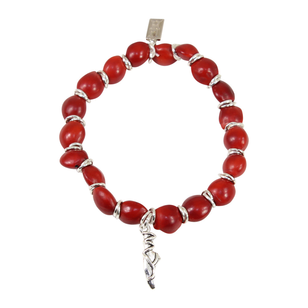 Stretchy Ballerina Dancer Good Luck Charm Bracelet with Huayruro Seeds - Multi-Charm Bracelet - Sizes 6.5 to 7.5
