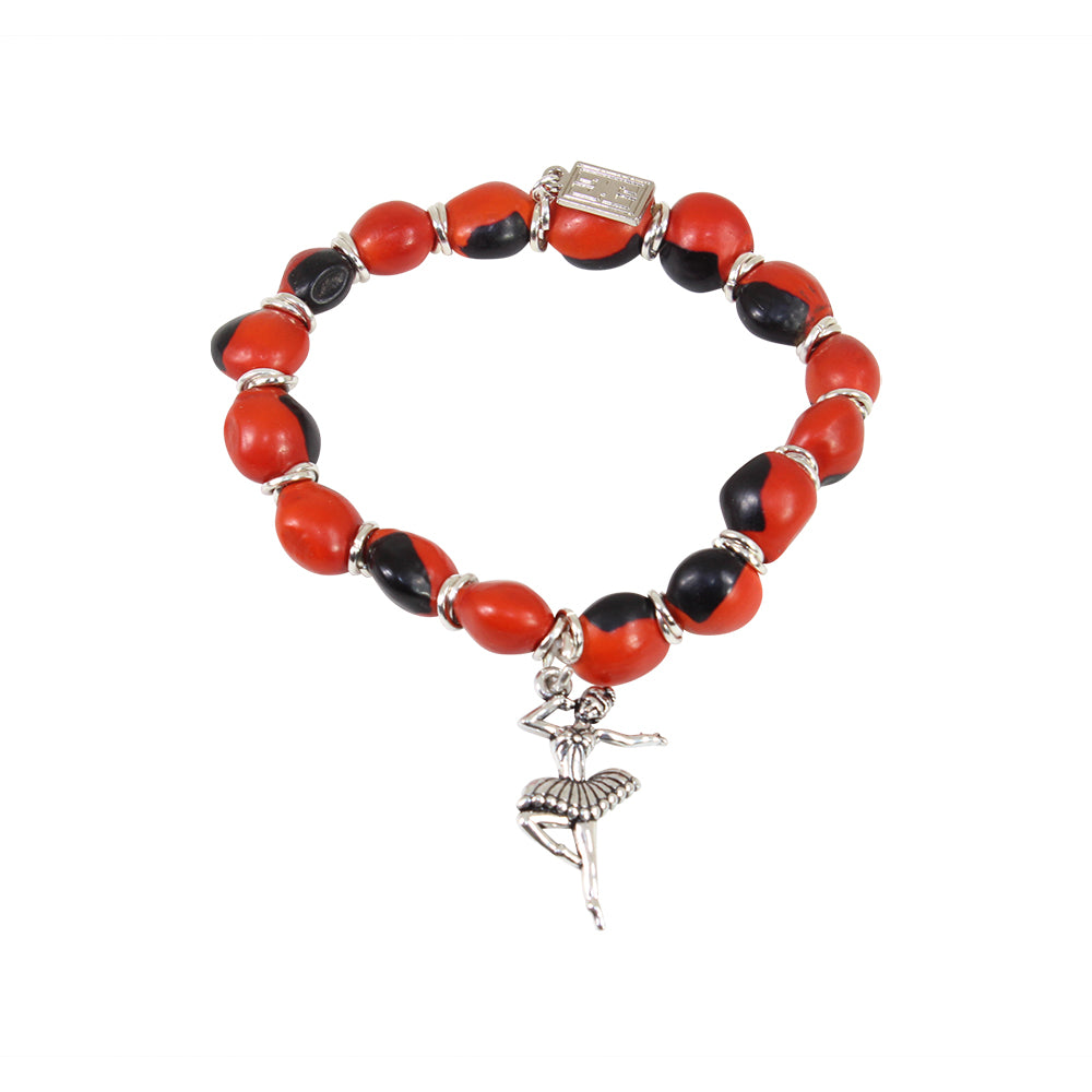 Stretchy Ballerina Dancer Good Luck Charm Bracelet with Huayruro Seeds - Multi-Charm Bracelet - Sizes 6.5 to 7.5