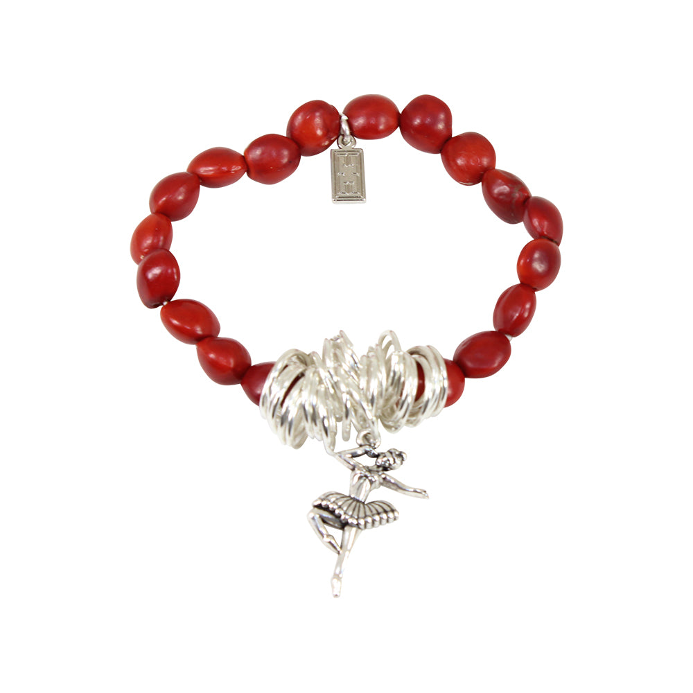 Stretchy Ballerina Dancer Good Luck Charm Bracelet with Huayruro Seeds - Multi-Charm Bracelet - Sizes 6.5 to 7.5