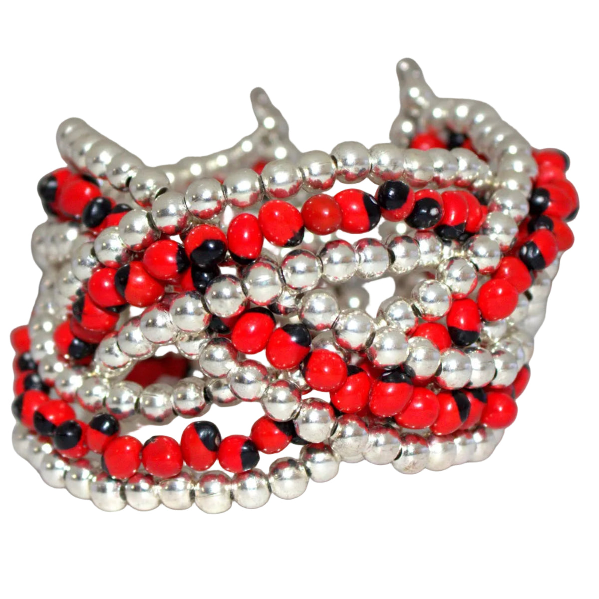 Beaded bracelet with red, black, and silver beads on a light gray background
