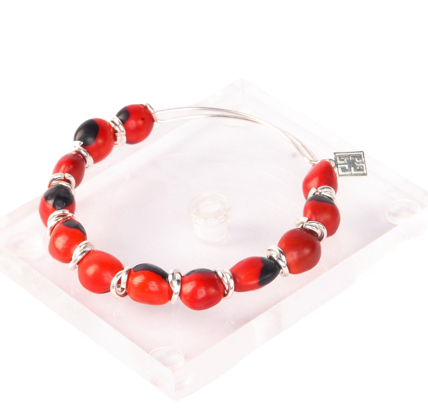 Adjustable Gold and Silver Bangle Bracelet with Huayruro Peruvian Seed Bead - Good Luck Bracelet for Women