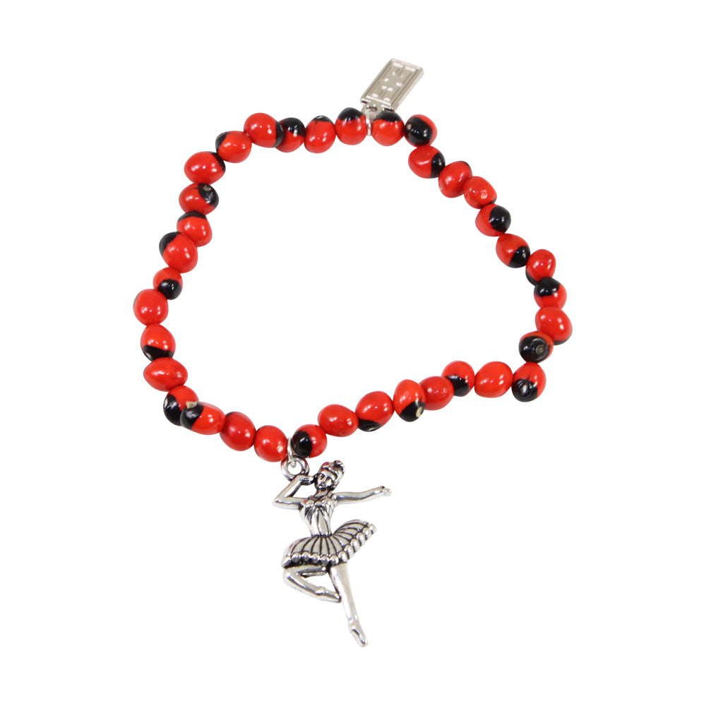 Stretchy Ballerina Dancer Good Luck Charm Bracelet with Huayruro Seeds - Multi-Charm Bracelet - Sizes 6.5 to 7.5