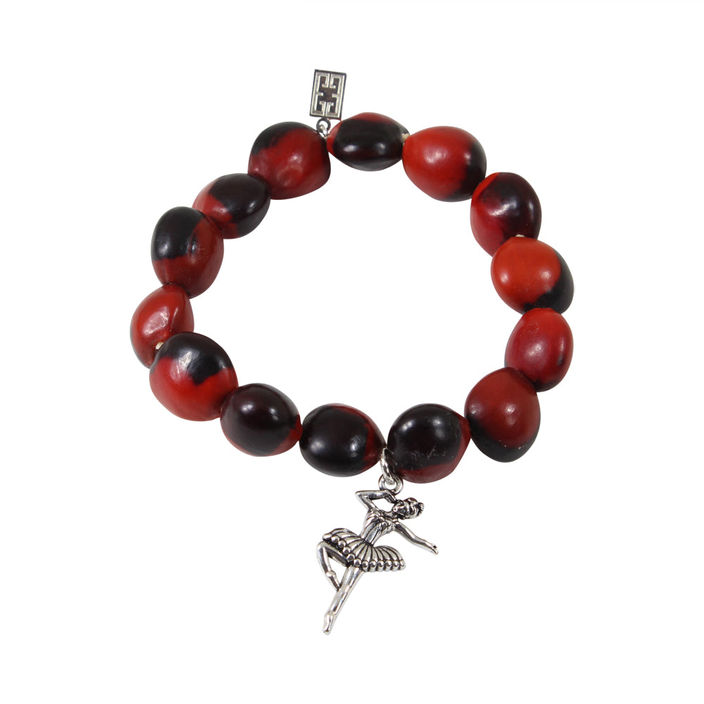 Stretchy Ballerina Dancer Good Luck Charm Bracelet with Huayruro Seeds - Multi-Charm Bracelet - Sizes 6.5 to 7.5