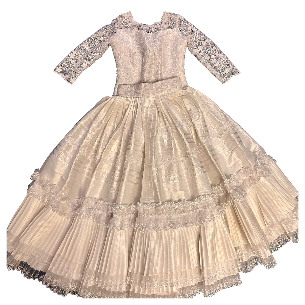 2 Piece - Marinera Norteña Heritage Dress – White European Lace, Brocade and Embellishments