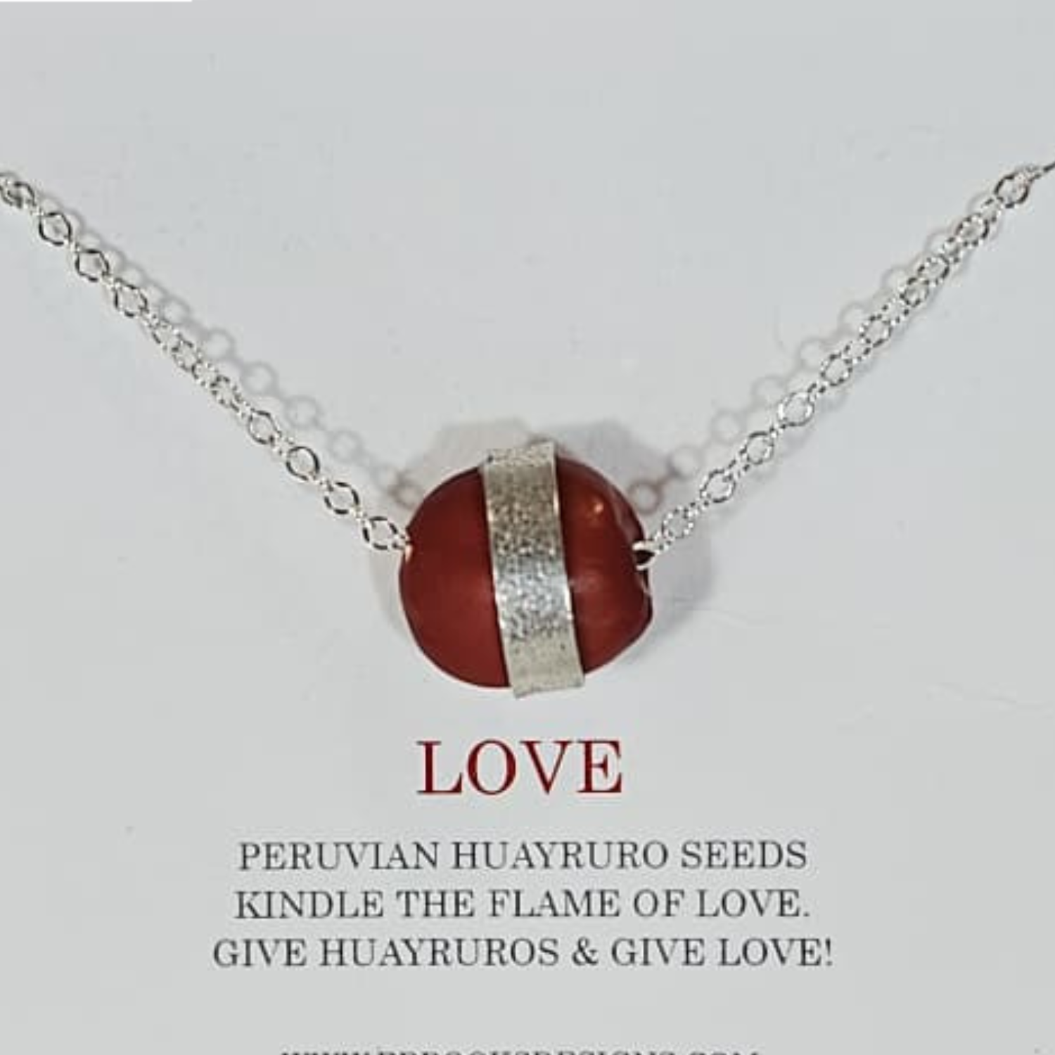 Sterling silver Love Peru necklace with Huayruro seed handmade Peruvian good luck jewelry by Evelyn Brooks