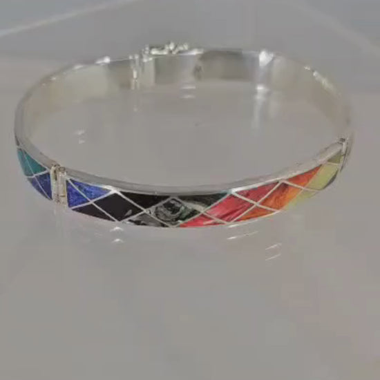 Urin Huanca Sterling Silver Geometric Multicolored Natural Stone Cuff Bracelet Style A | Peru Gift Shop