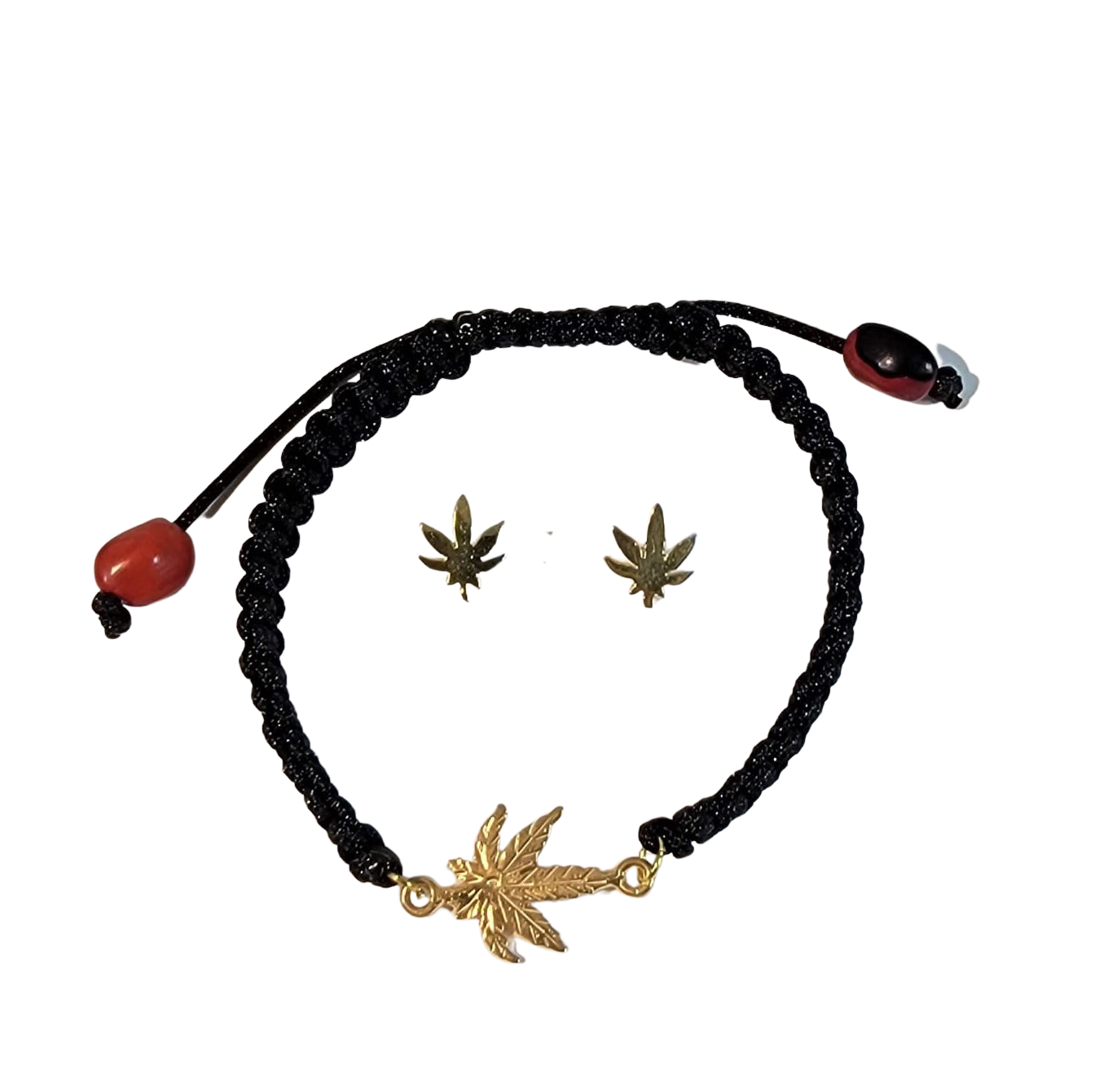 Adjustable Sterling Silver or 18Kt Gold Filled Weed Leaf Macrame Bracelet with Earrings