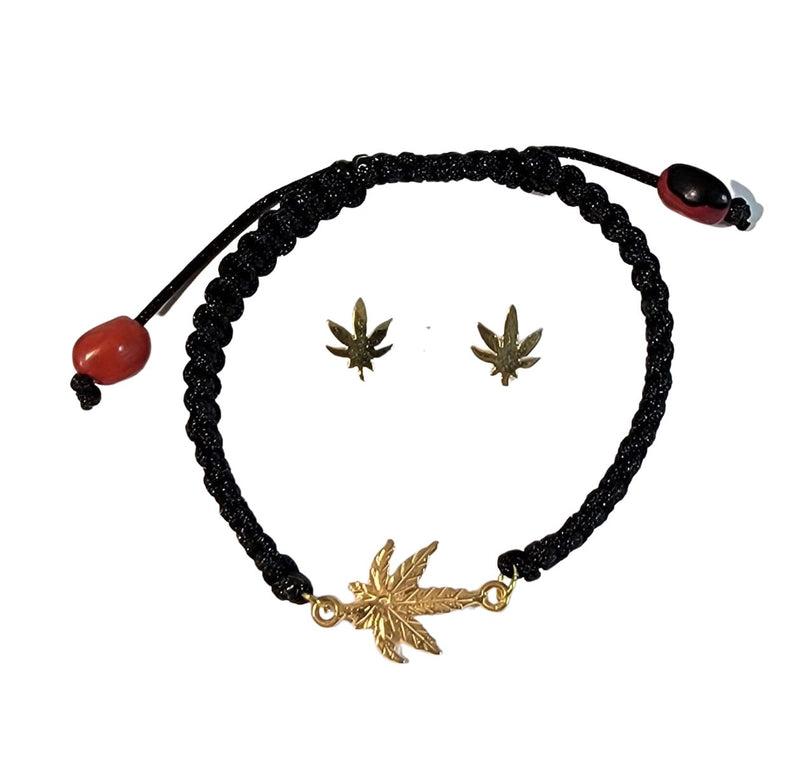 Adjustable Sterling Silver or 18Kt Gold Filled Weed Leaf Macrame Bracelet with Earrings